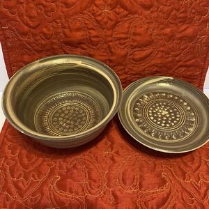 Japanese Tea‎ Ceremony Bowl W/Saucer/Lid Brushed Brown Perfect Condition Signed